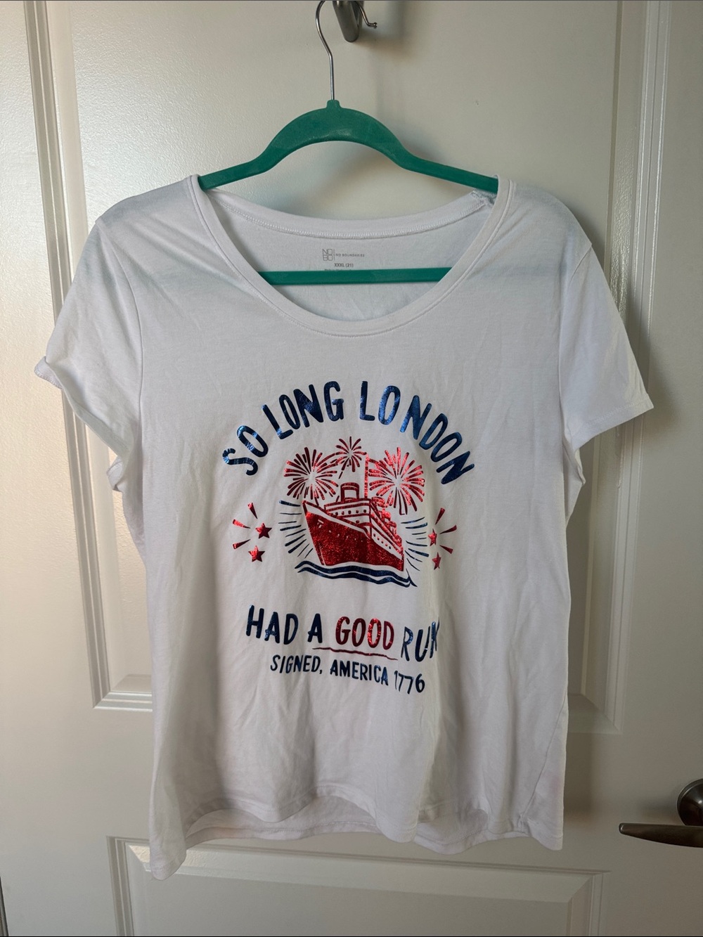 White Short Sleeve Graphic Tee with Red & Navy Ship Design